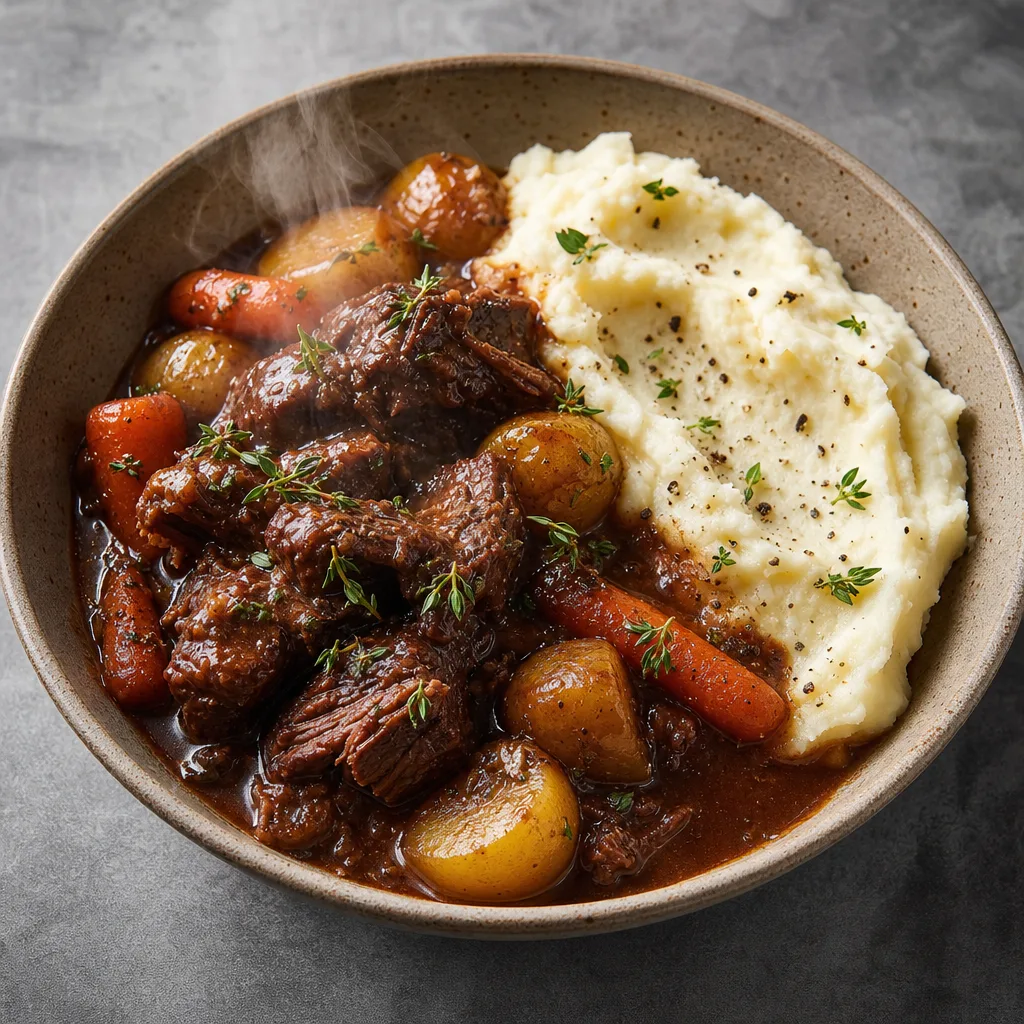 Red wine–style braised beef stew with mashed potatoes