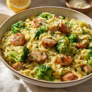 Chicken sausage and broccoli orzo (visual match)