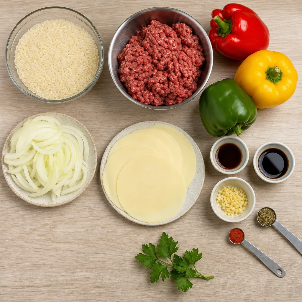 Ingredients for Philly-style cheesesteak bowl (ground beef variant)