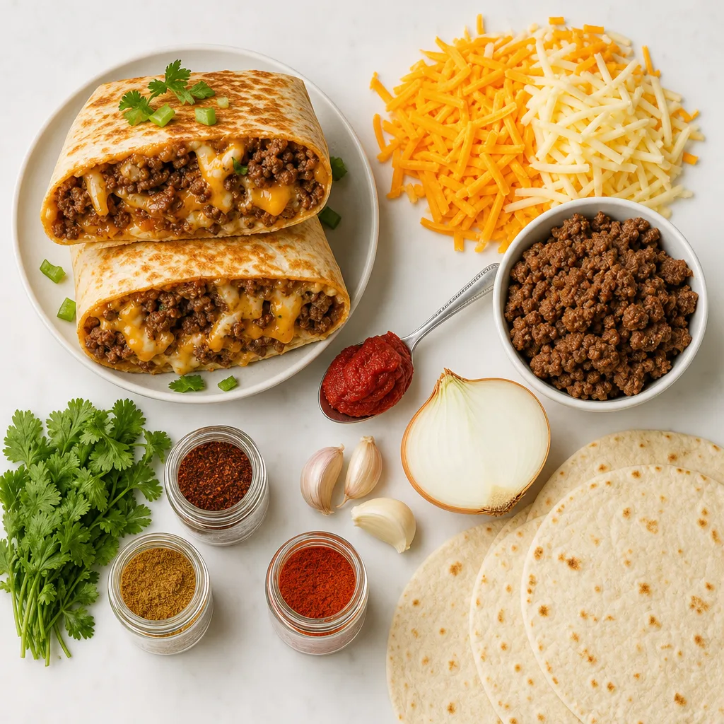 Ingredients for Beef and cheese burrito (halved)