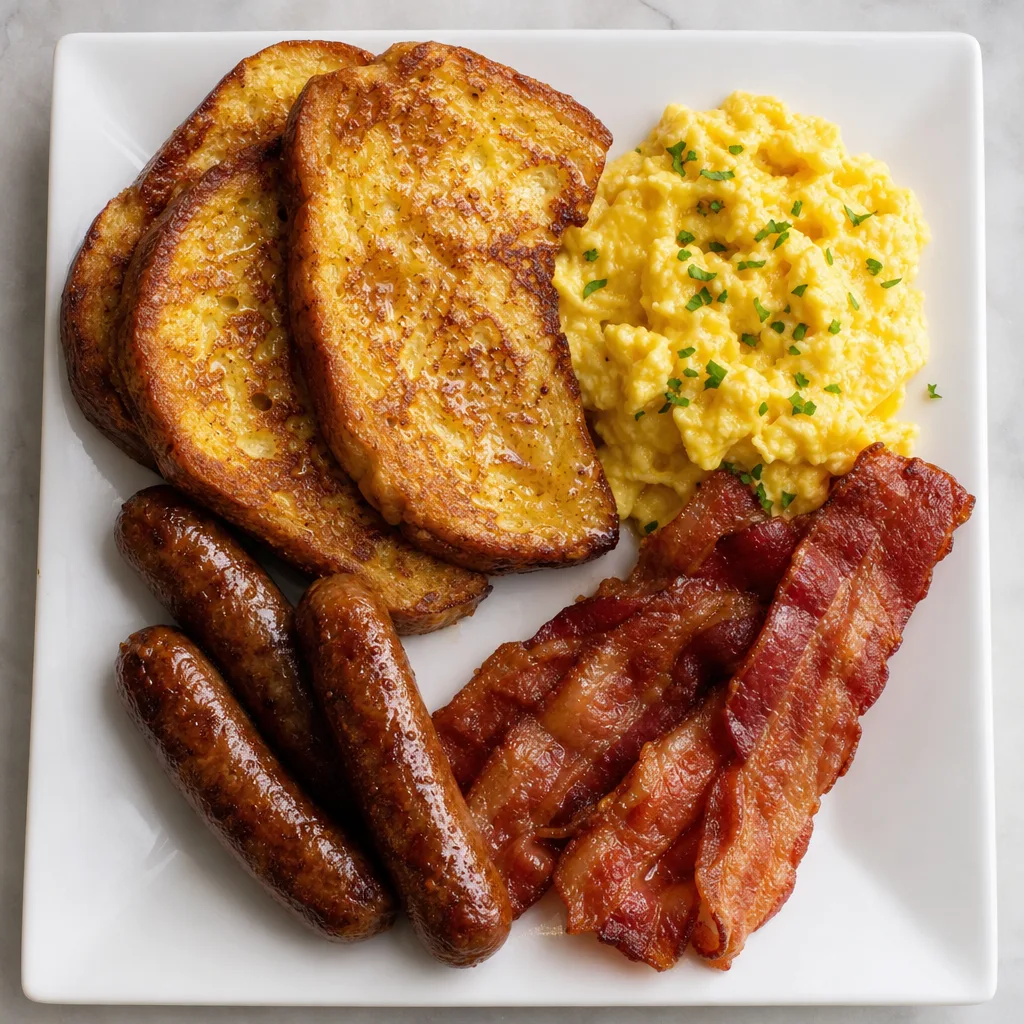 Ingredients for American-style breakfast plate (scrambled eggs, sausages, bacon, French toast)
