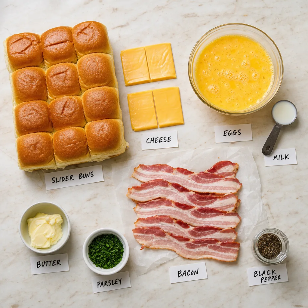 Ingredients for Bacon, egg and cheese breakfast sliders