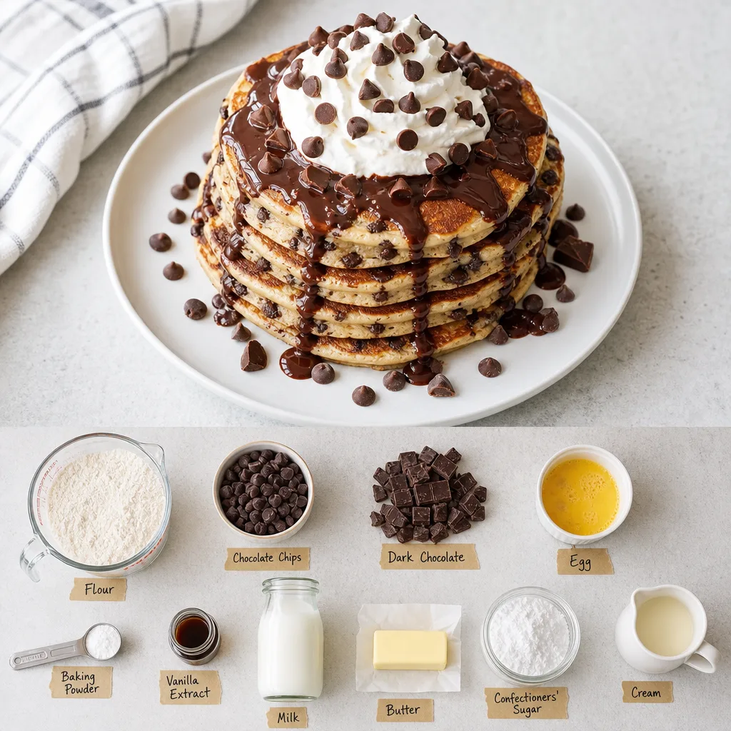Ingredients for Chocolate chip pancakes with chocolate sauce and whipped cream