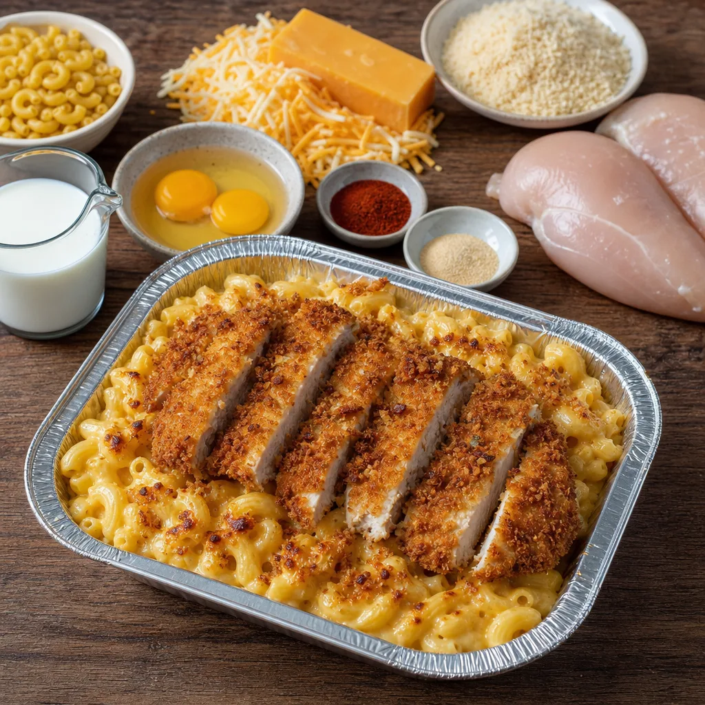 Ingredients for Mac and cheese topped with breaded fried chicken (chicken cutlet)