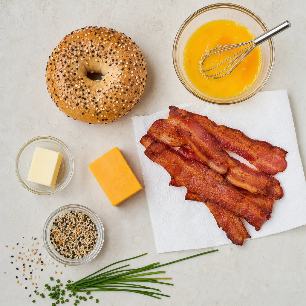 Ingredients for Bagel breakfast sandwich (scrambled egg & bacon)