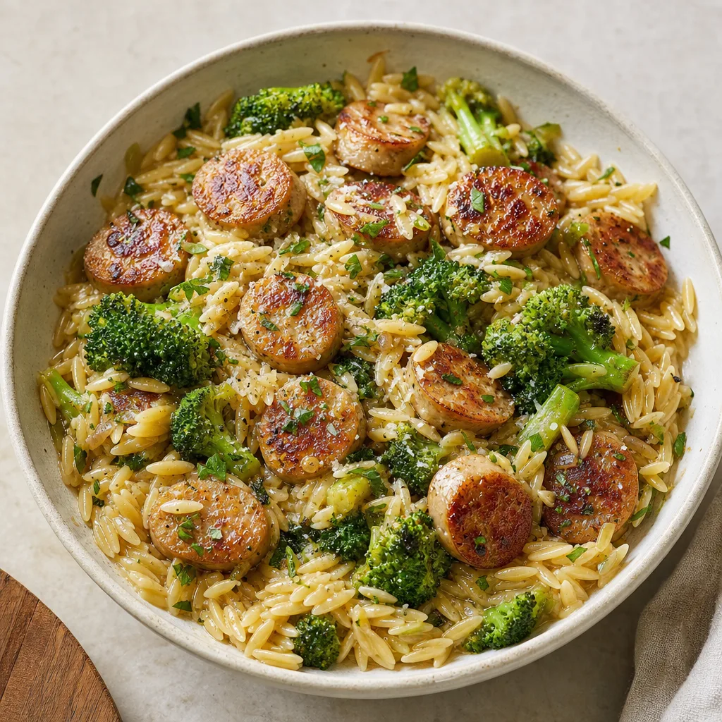 Ingredients for Chicken sausage and broccoli orzo (visual match)