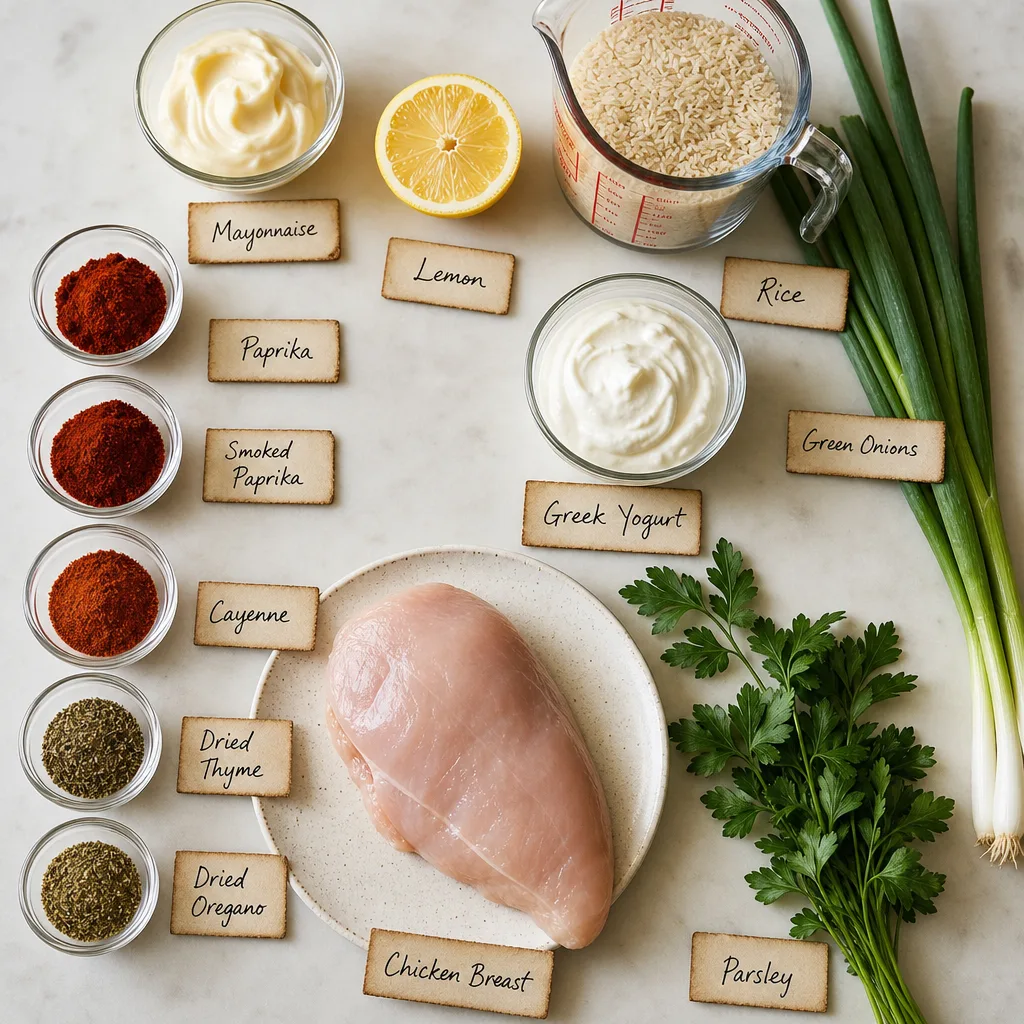 Ingredients for Cajun bowls (blackened chicken over seasoned rice)