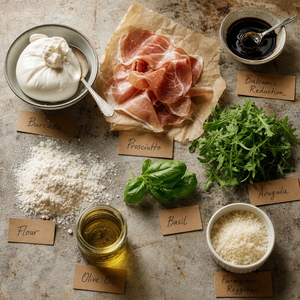 Ingredients for Prosciutto and Burrata Pizza