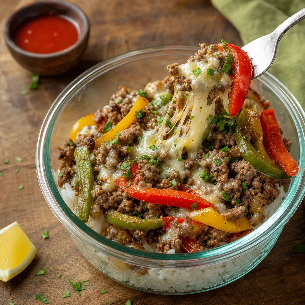 Glass meal-prep bowls filled with rice topped with crumbled ground beef, sautéed red, yellow and green peppers, and melted provolone, garnished with chopped parsley.