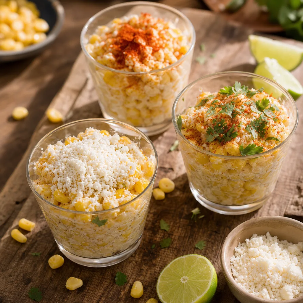 Clear cup filled with creamy seasoned corn, topped with crumbled cheese, smoked paprika and cilantro, with lime wedges beside it.