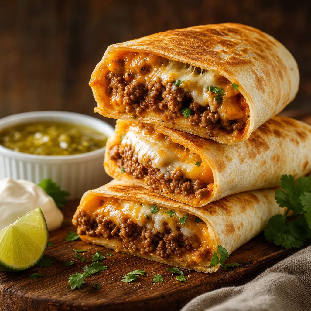 Two halved beef and cheese burritos stacked, showing melted cheese and seasoned ground beef inside a lightly toasted flour tortilla, garnished with cilantro.