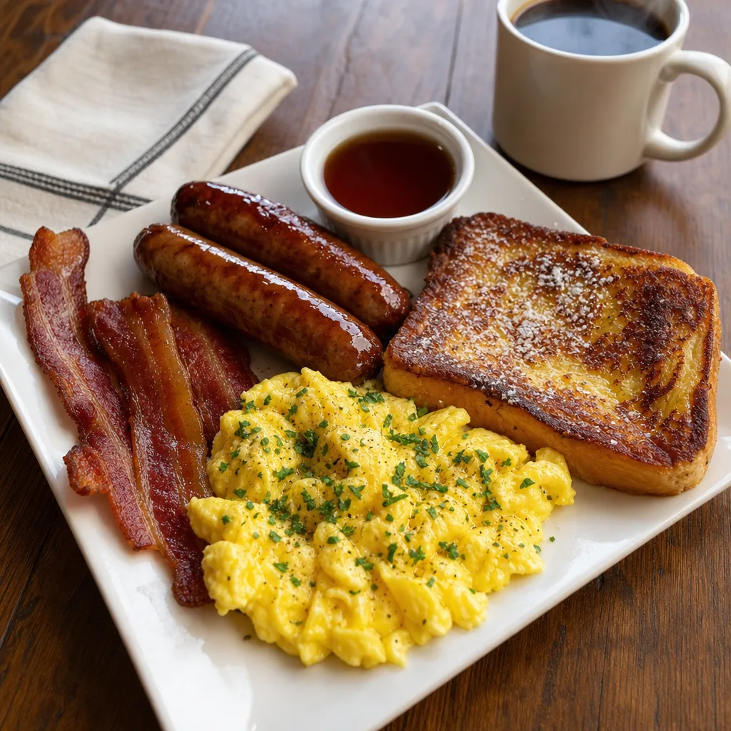 Plated American-style breakfast with scrambled eggs garnished with parsley, glossy sausages, bacon strips, and stacked French toast dusted with powdered sugar