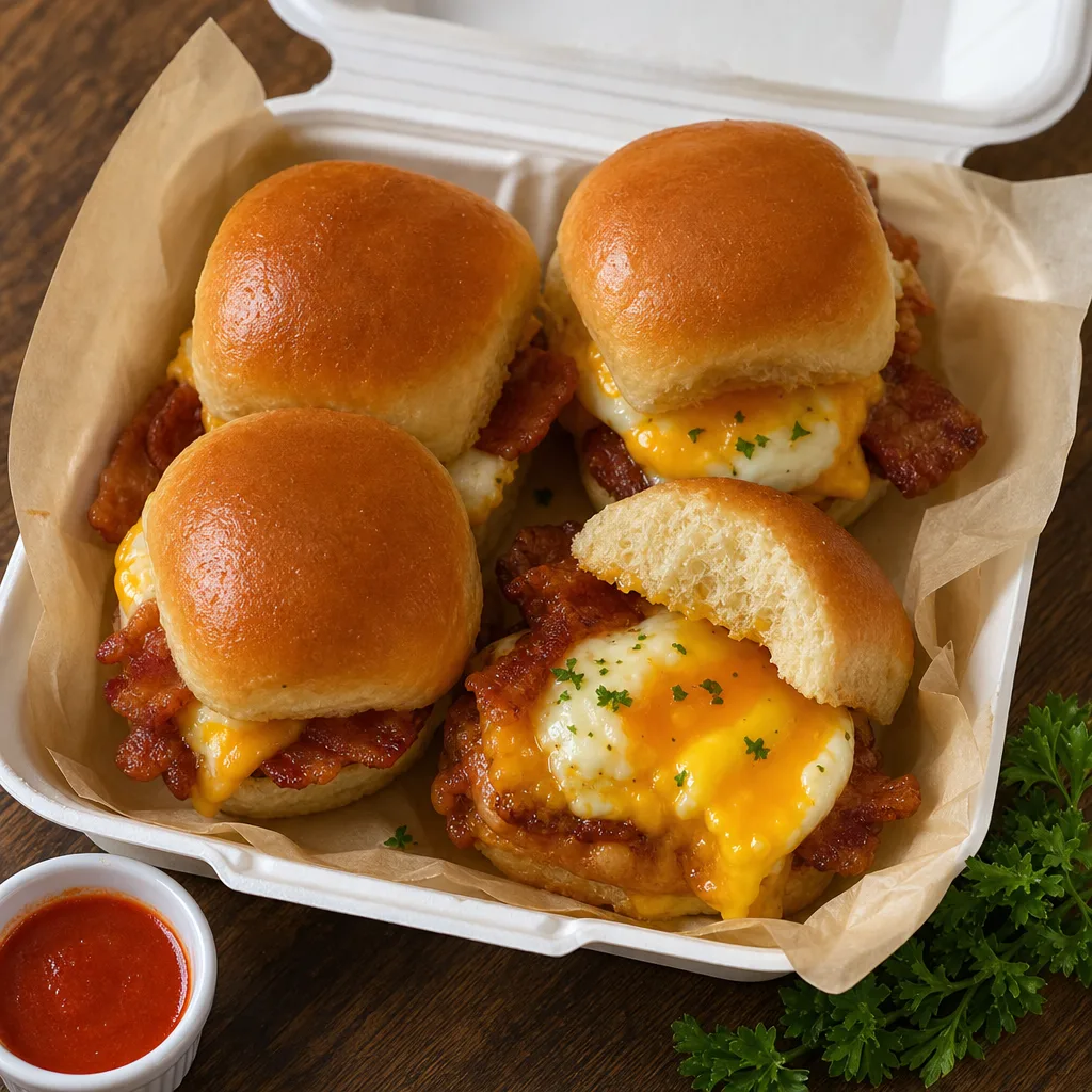 Close-up of bacon egg and cheese breakfast sliders with melted cheese and parsley garnish
