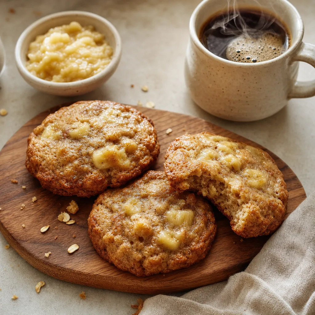 Stack of golden-brown chewy banana bread-style cookies with soft banana pieces visible