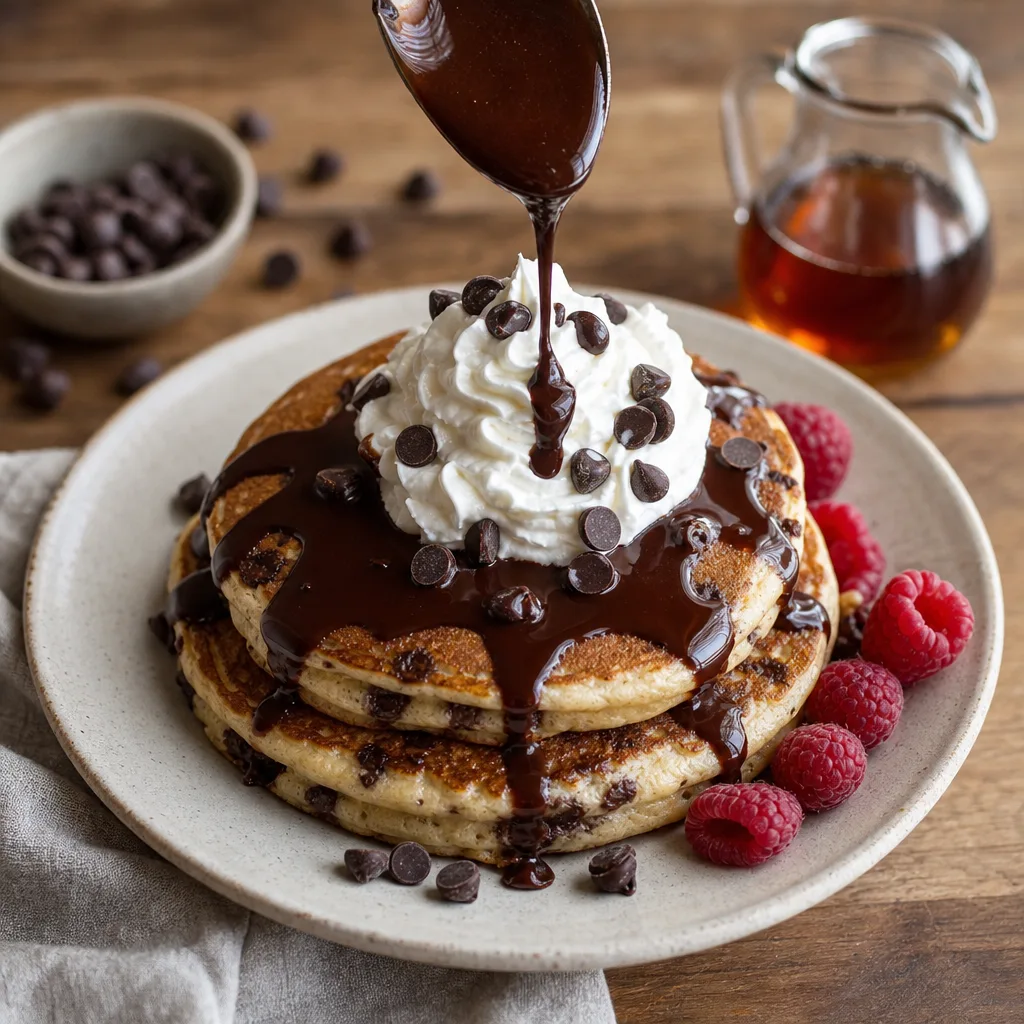 Stack of golden chocolate chip pancakes with dark chocolate sauce drizzled over and a dollop of whipped cream on top