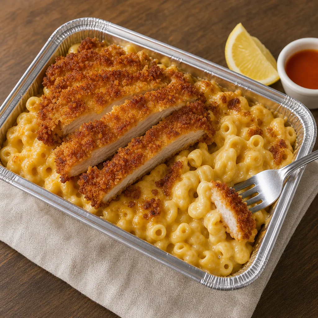 Shallow tray of creamy macaroni and cheese topped with sliced golden-brown breaded chicken cutlets and a sprinkle of breadcrumbs