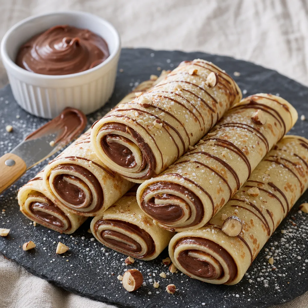 Stack of rolled crepes with glossy chocolate-hazelnut filling and thin chocolate drizzle on a wooden board.