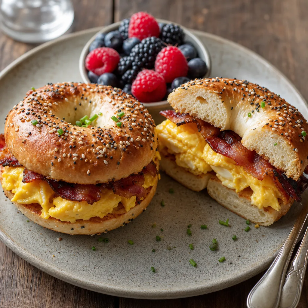 Toasted everything bagel sandwich filled with soft scrambled eggs and crispy bacon, cut to show the egg and bacon layers