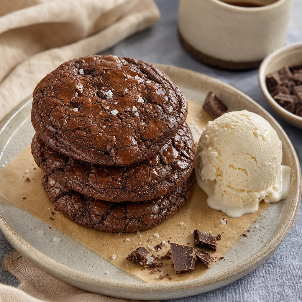 A hand breaking a glossy chocolate brownie-style cookie showing a fudgy interior on parchment paper