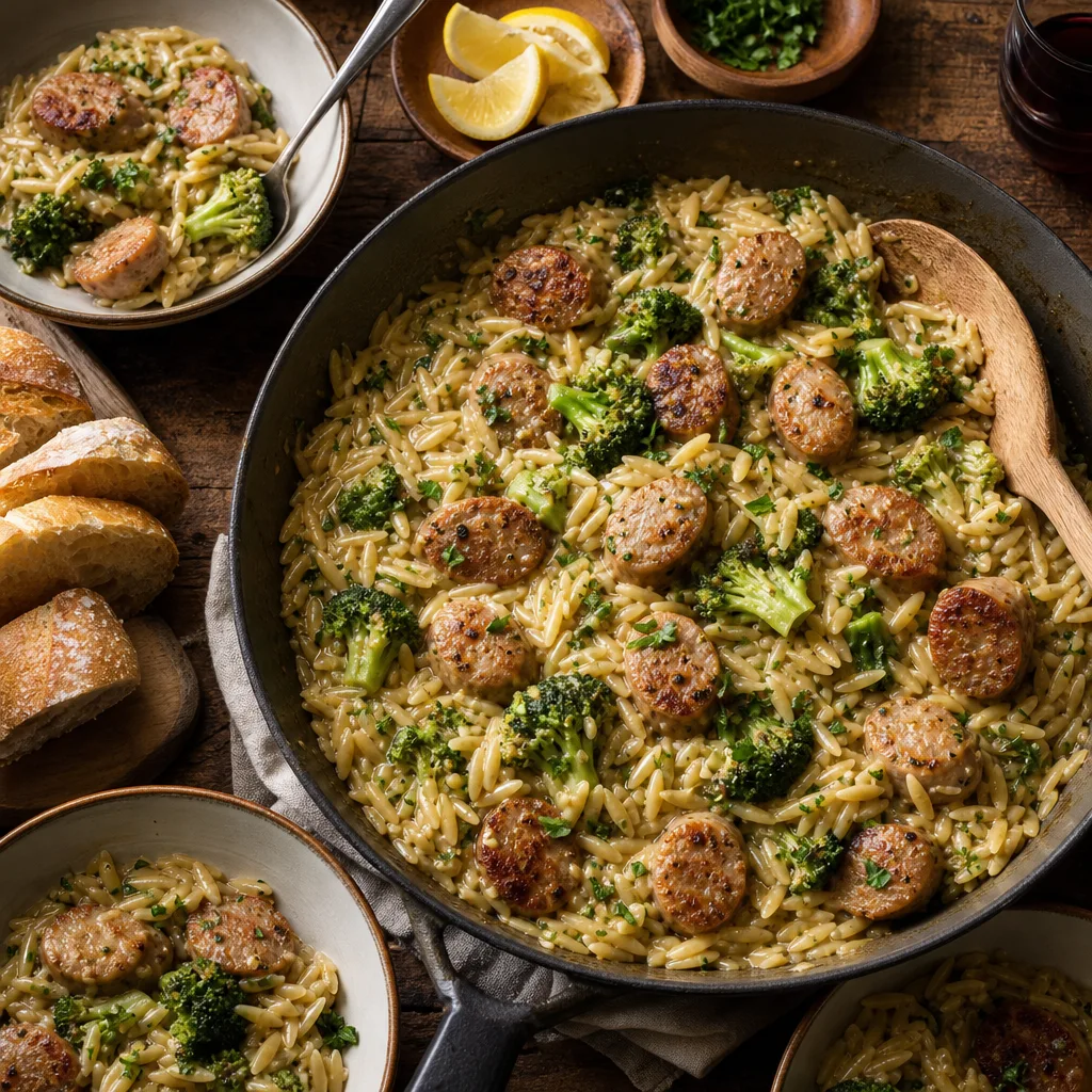 Bowl of orzo pasta with browned sausage rounds and bright green broccoli topped with grated Parmesan and parsley