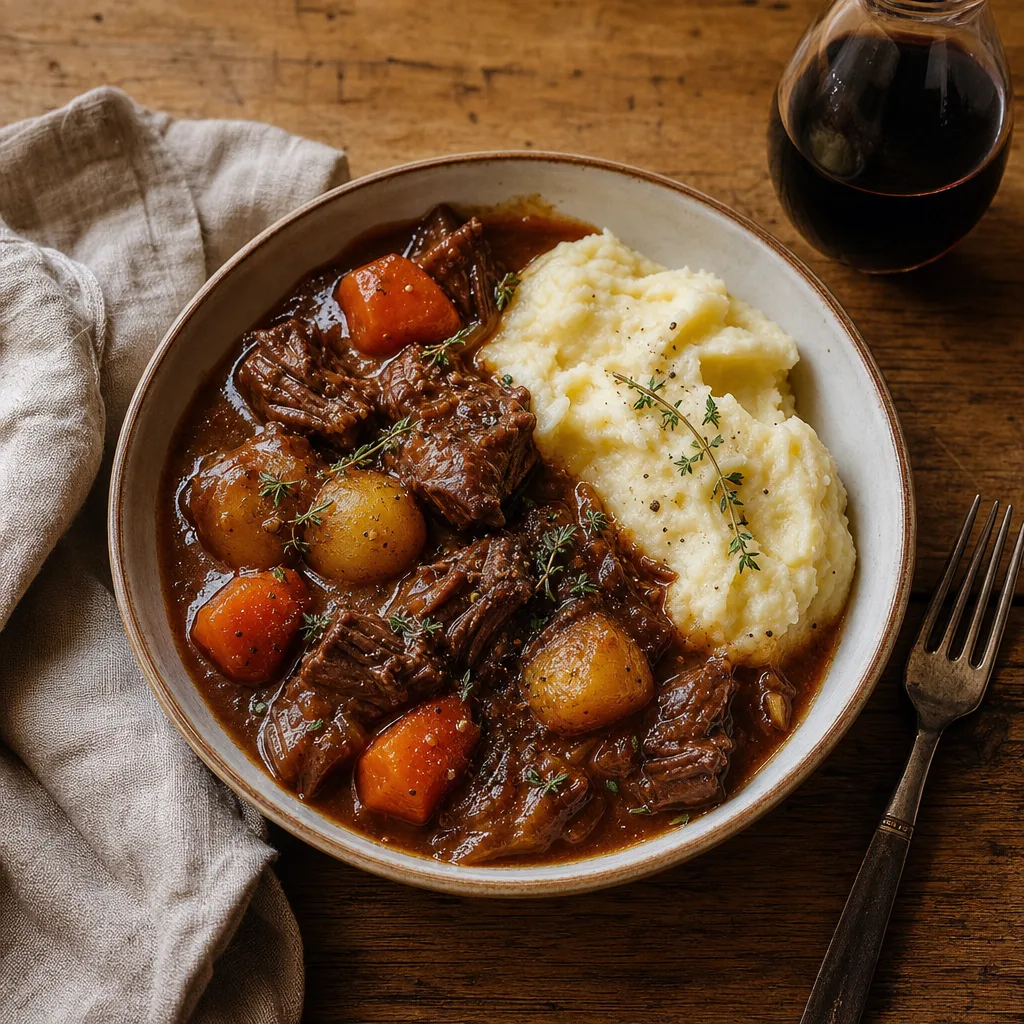 Bowl of glossy red-wine braised beef with baby potatoes and carrots beside a creamy mashed potato mound, garnished with thyme.