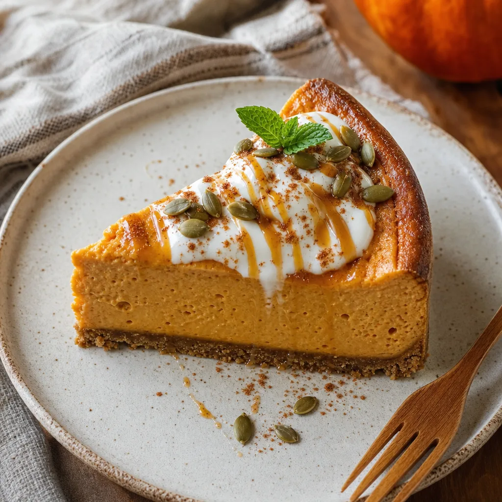 Slice of pumpkin cheesecake with cream drizzle, toasted pumpkin seeds and a dusting of cinnamon on a wooden board