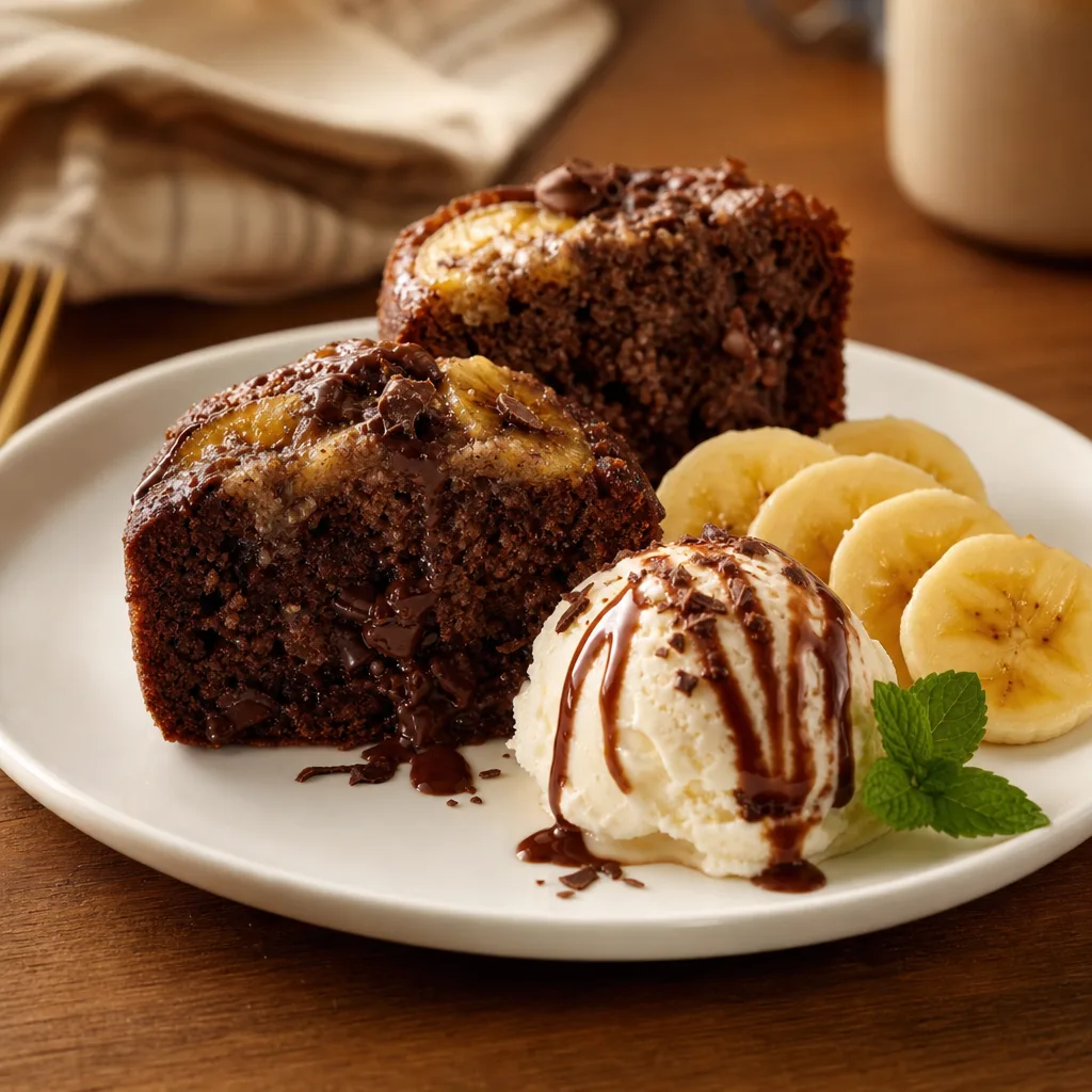 Cluster of banana chocolate mini loaves in paper liners with banana slices and glossy melted chocolate on top