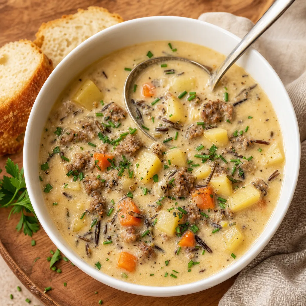 Bowl of creamy chowder with potato chunks, browned sausage, wild rice, and chopped herbs