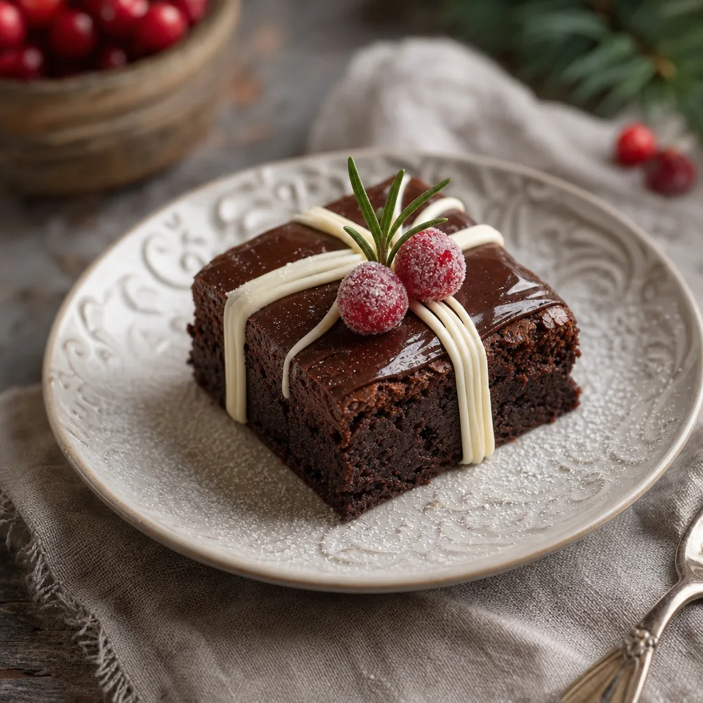 Square fudgy chocolate brownies with white ribbon drizzle, sugared cranberries and rosemary sprigs on a marble board.