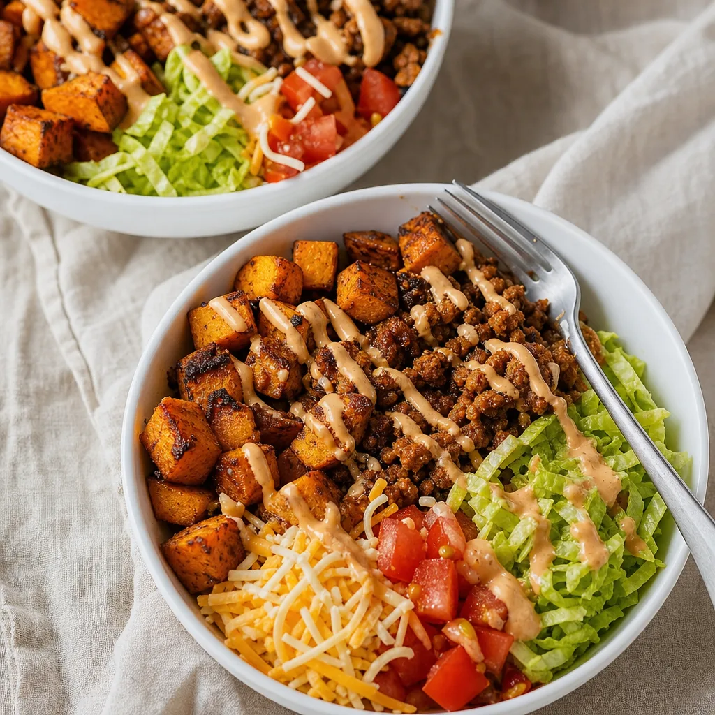 Bowl with roasted sweet potato cubes, seasoned crumbled meat, shredded cheese, lettuce, diced tomato and creamy sauce drizzle