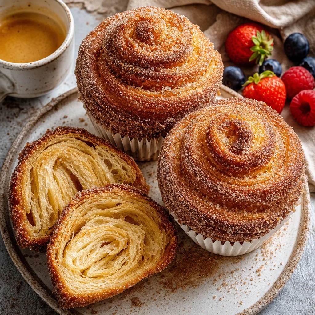 Golden spiral churro cruffins coated in cinnamon sugar in paper liners