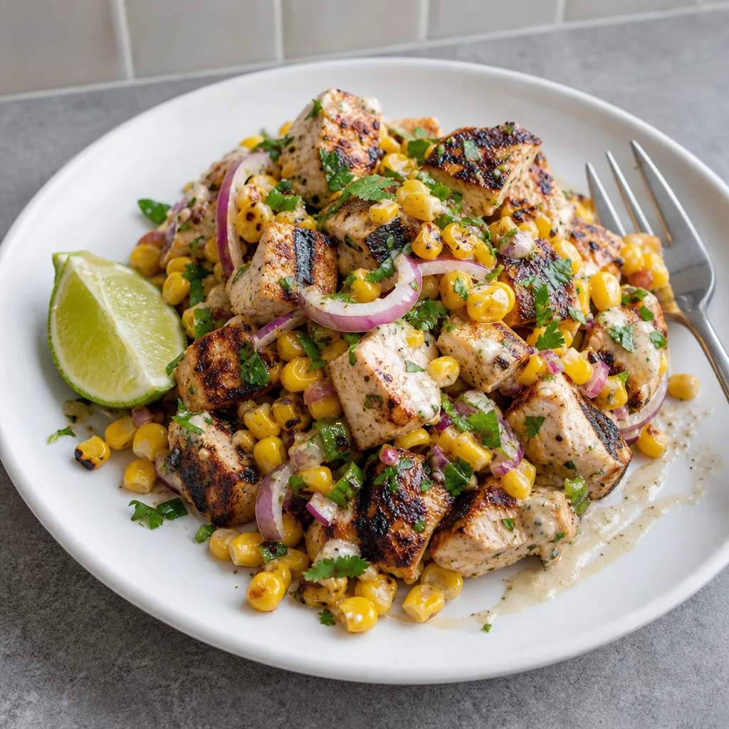 Bowl of grilled chicken and corn salad with red onion and cilantro