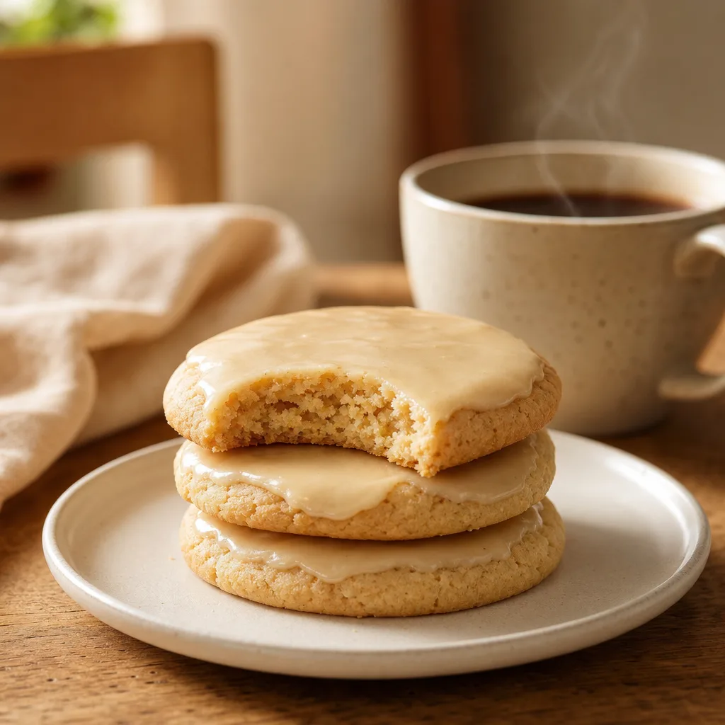 Stack of soft golden-brown maple cookies with a glossy brown butter icing and a bite taken from the top cookie