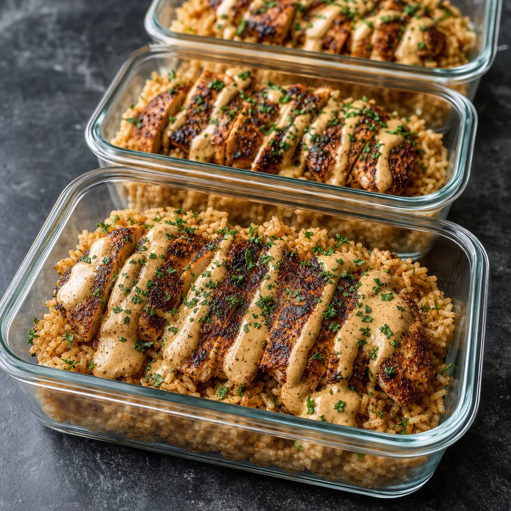 Blackened chicken strips on seasoned rice drizzled with creamy sauce and sprinkled with chopped herbs in glass meal-prep containers