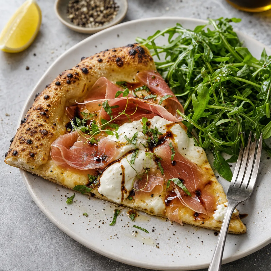 A rustic pizza with creamy burrata mounds, folded prosciutto, scattered arugula and dark balsamic drizzle on a blistered crust