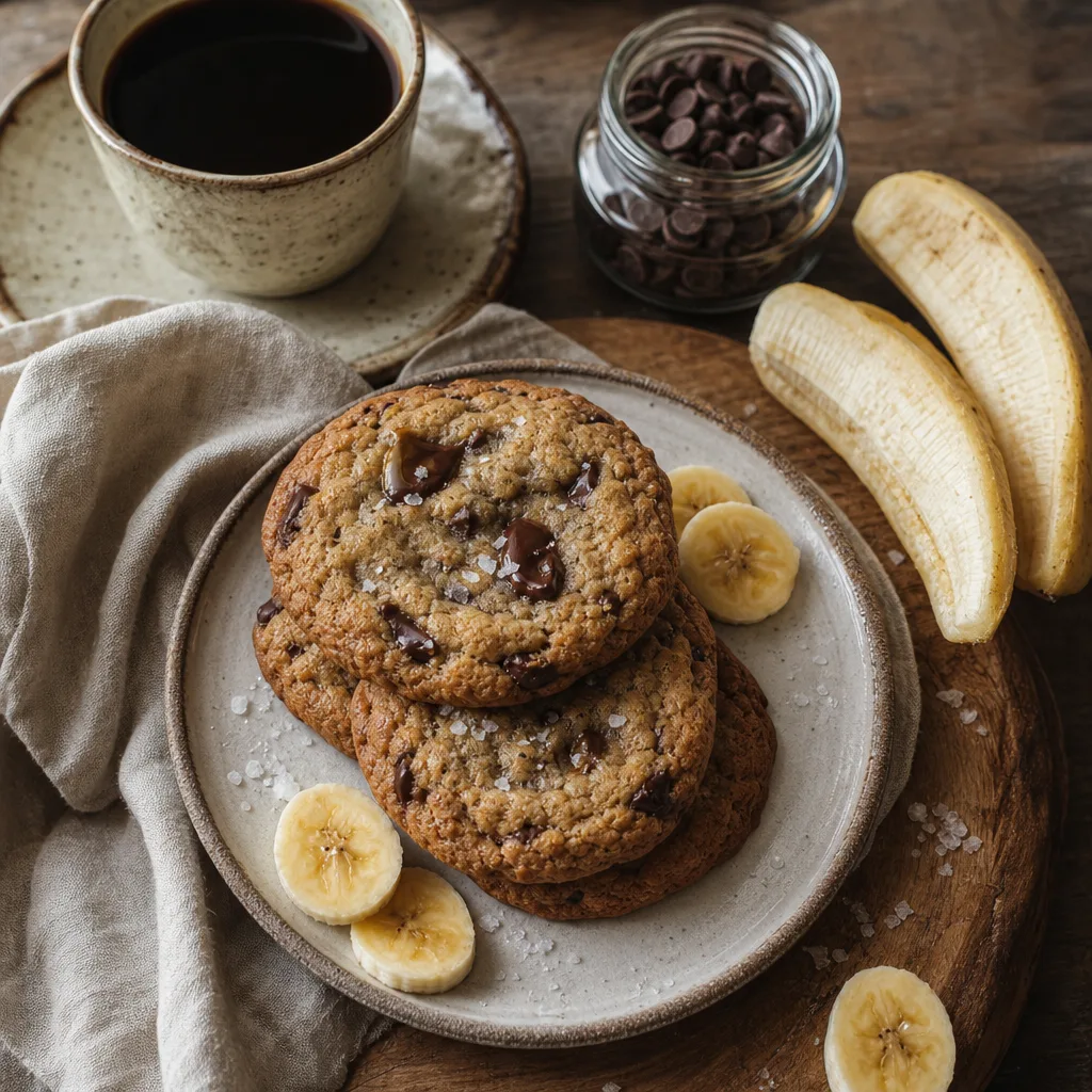 Stack of banana chocolate chip cookies with banana slices and melted chocolate chips