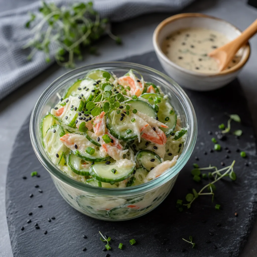 Clear jar of cucumber salad with shredded crab, creamy dressing, black sesame seeds and scallion garnish